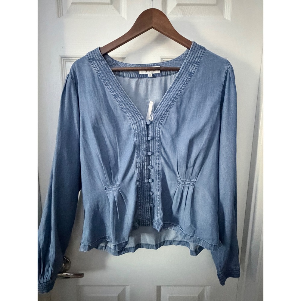 Madewell Denim Pintuck V-Neck Puff Sleeve Button Front Top Light Wash NZ186 14 - Picture 2 of 6